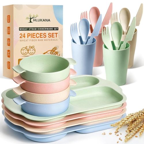 Amazon.com: Hlukana 24 Pcs Wheat Straw Dinnerware Cutlery Set, Unbreakable Tableware Set, Including Kids Toddlers Divided Plates, Bowls, Cup, Cutlery Spoons Knifes Forks, BPA Free, Microwave Dishwasher Safe : Home & Kitchen