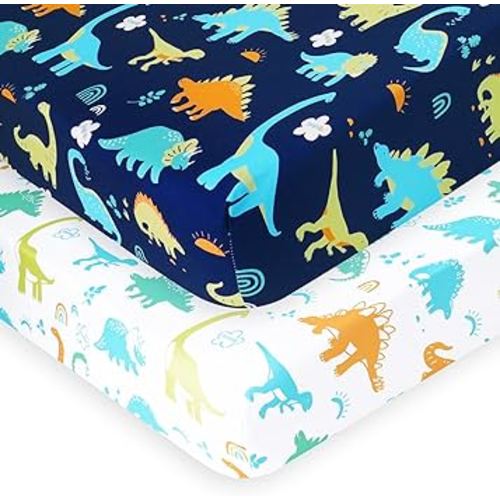 PHF Soft Crib Sheet Fitted, 2 Pack Baby Sheets for Boys Girls, 28x52x9in Fits Standard Crib and Toddler Mattresses, Silky Comfy Breathable Polyester Baby Mattress Sheets, Dinosaur