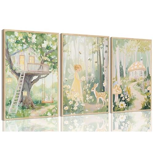 Baby Girl Nursery Canvas Wall art Cute Woodland Fairy Posters Fantasy Forest Animals Pictures Wall Decor Magic Mushroom Tree House Bunny Deer Watercolor Paintings Prints for Girls Room Bedroom Decor