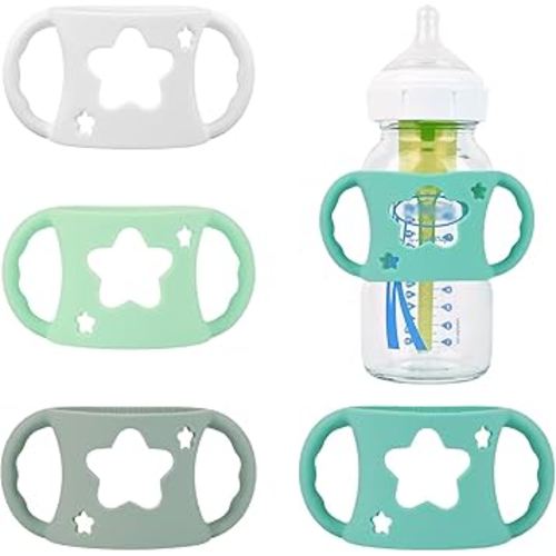 4 Pack Baby Bottle Handles, Silicone Bottle Handles for Dr Brown Wide-Neck Baby Bottles (White+Blue+Green+Grey)