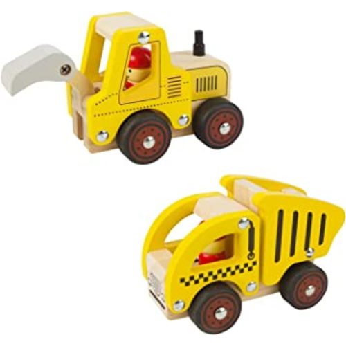 Wooden Push Car Toys for Infants 18 Months, 2 Pcs Baby Vehicle Toys Hand Push Car Toys for 2 Year Old Boys Girls (Excavator + Truck)