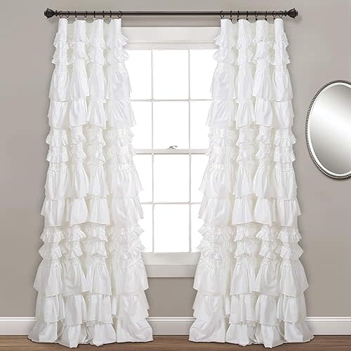 Lush Decor Kemmy Light Filtering Window Curtain Panel Single 52" W x 95" L White - Drapes - Ruffled Curtains for Bedroom - White Curtains - Coquette Decor