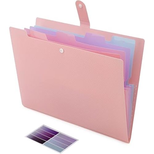 NAFY Colorful Expanding File Folder, 5 Pockets Folder with Colored Labels Portable Weave Pattern Accordion File Folder A4 Letter Size Project Organizer Document Folder for Office School (Pink)