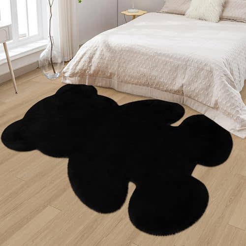 TENNOLA 4.6x6 ft Black Bear Soft Fluffy Large Rug, Shaggy Faux Sheepskin Fur Rug Fuzzy Shag Area Rug Cute Plush Carpet for Nursery Kids Girls Bedroom Room Aesthetic Living Room Floor Home Decor, Black