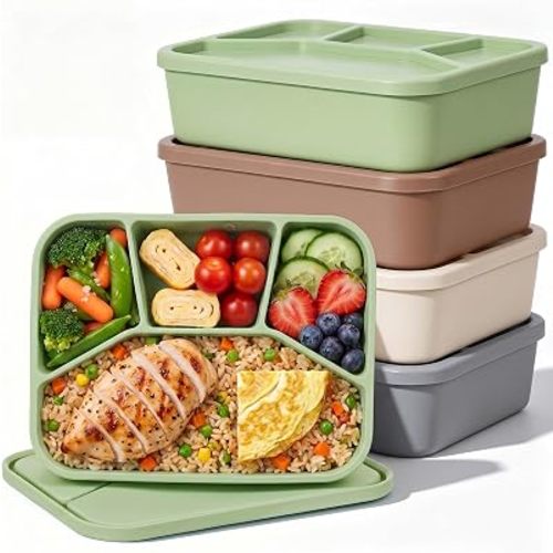 Ziliny 4 Pcs Silicone Bento Box Reusable Lunch Container Smooth Leak Proof Lunch Box Rectangle Bento Boxes for Adult Work Travel Food Meal Compartment Storage (Earth Tones)