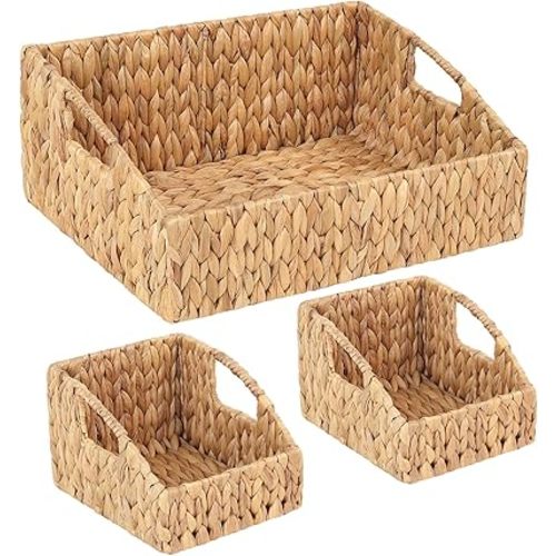 Set of 3 Handwoven Water Hyacinth Storage Baskets – Decorative Natural Wicker Organizer Bins with Built-in Handles for Bathroom, Kitchen, Pantry, Nursery (3, Light Brown)