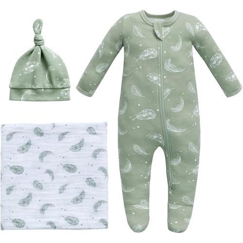 Owlivia Organic Take Me Home Outfit Set, Newborn Baby Boy Girl Footed Pajama Hat and Muslin Blanket Gift Set,3 Pcs