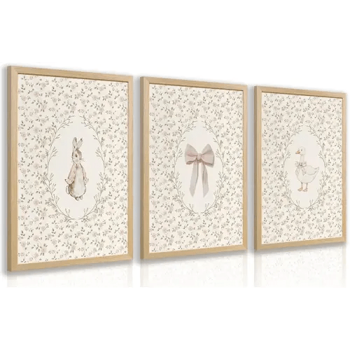 Grajoy Wood Framed Retro Floral Wall Art Set of 3, Cottagecore Kids Room Canvas Painting, Cute Rabbit Bow and Goose Animal Wall Decor, Classic Minimalist Funny Poster Print for Girl Room 12x16 Inch