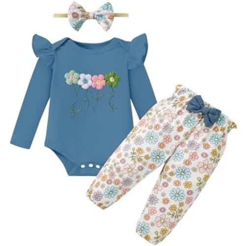 Baby Girl Clothes Newborn Infant Cotton Ruffle Romper+ Floral Pants + Headband Sets Fall Winter Outfits
