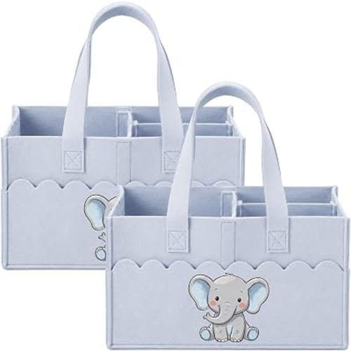 Gilprop 2 Pack Gray Elephant Diaper Caddy Organizer Portable Felt Baby Caddy Organizer with Handle Nursery Storage Bin and Car Basket for Changing Table Girls Boys Gift
