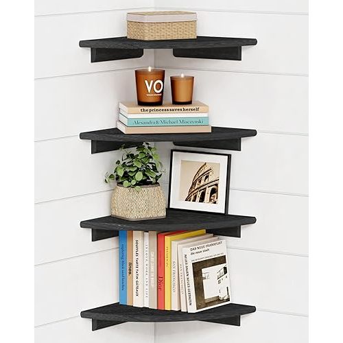 Forbena Black Floating Corner Bookshelf for Wall Set of 4, Large Corner Plant Shelves for Living Room, Rustic Rounded Hanging Bookshelves Wall Mounted for Bedroom Books, Kitchen, Closet, Office