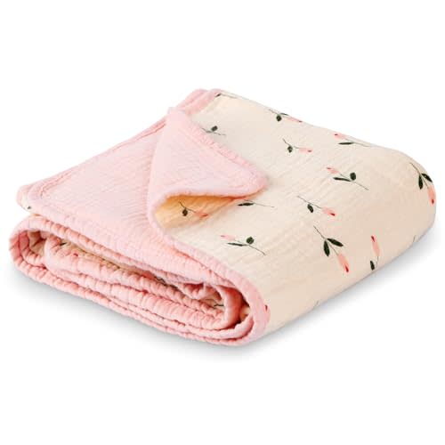 Muslin Baby Blanket Crib Blanket, Double-Sided for Girls, 40x40 Inch - Pink & Floral Print Quilt Blankets, Soft Breathable Toddler Blanket for Infants & Toddlers, Naptime/Bath/Stroller