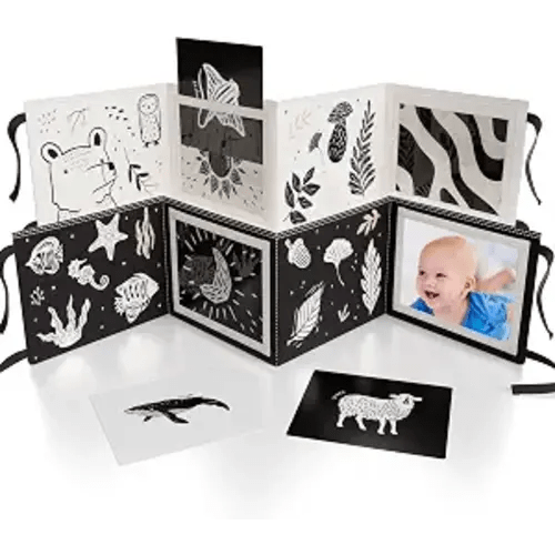 Soft Tummy Time Book w/ Stimulating Baby Safe Mirror - Fun Black and White Montessori Toy w/ Crinkle Filling & 20 High Contrast Designs - Perfect Newborn Toy For Safe and Early Infant Development