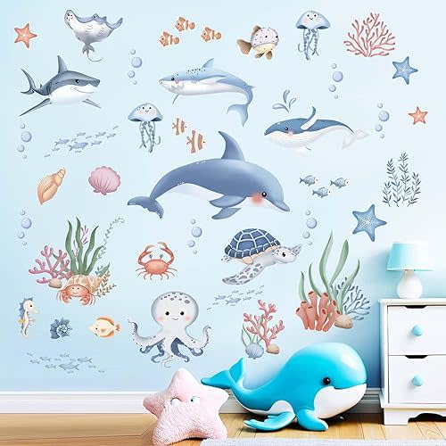 Ocean Sea Wall Stickers for Kids: Peel and Stick Under The Sea Marine Sharks Fish Whale Wall Decals - Wall Decor Art Children Supplies Ages 1-12 Years
