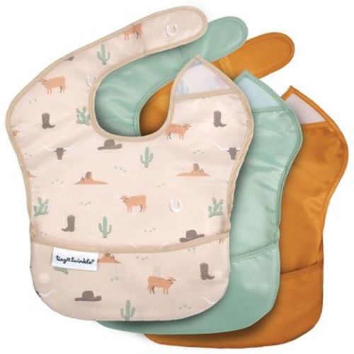 Tiny Twinkle Mess-Proof and Waterproof Baby Food Bib for Boys or Girls, Machine Washable and BPA-Free w/Adjustable Closure (3-Pack, Cowboy)