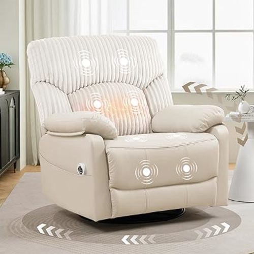 GRAINELL Power Recliner Chair with Massage and Heat, Infinite Position Electric Swivel Rocker, USB Charging Port, Gliding & 270° Swivel, for Living Room Nursery, Ivory