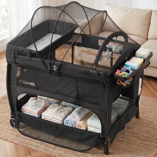 Kinder King Portable Pack and Play, Baby Playard w/Bassinet, Dark Grey | Newborn Changing Table, Large Playpen for Infant and Toddler, Mosquito Net, Hanging Toys, Storage, Travel Bag, 0-36 Months