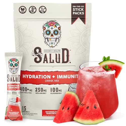 Salud 2-in-1 Hydration + Immunity Drink Mix, Watermelon Margarita | Electrolytes Powder, Agua Fresca, Elderberry, Dairy & Soy Free, Non-GMO, Gluten Free, Vegan, 1g Sugar (15 Servings)
