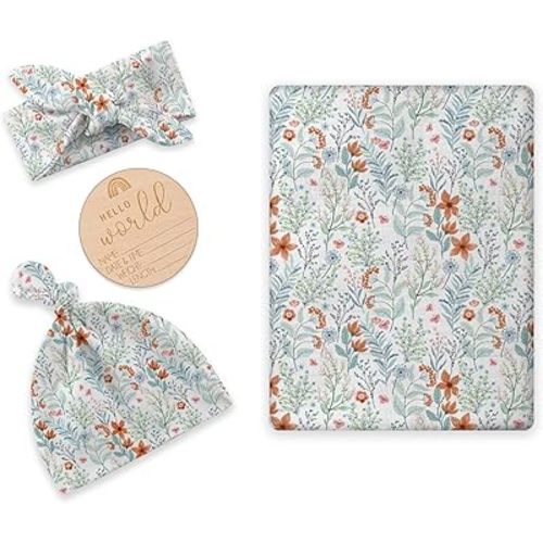 Newborn Swaddle Set with Matching Hat and Bow Set, Floral Baby Girl Newborn Receiving Blankets Baby Swaddle Nursery Wildflower Baby Blanket, Wooden Birth Announcement Card