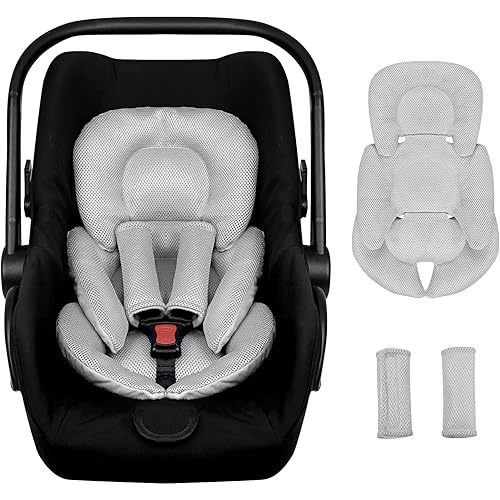 Infant Car Seat Insert for Newborn Girls Boys, Summer Mesh Baby Carseat Head Support with Strap Pads, Soft Reversible Baby Car Seat Insert Cushion Pad for Car Seat, Stroller, Bouncer, Swing, Gray