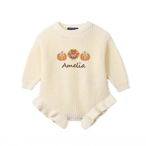 Embroidered Name Thanksgiving Turkey Baby Romper