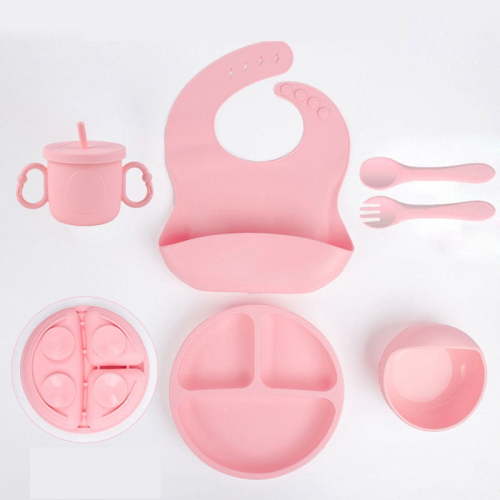 Silicone Baby Feeding Set Divided Plate, Bib, Fork, Spoon, Food Bowl, Water Cup, Six-Piece Baby Feeding Tableware Set