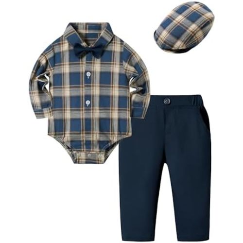Coedody Baby Boy Clothes Suits Infant Baby Boys Outfits Long Sleeve Plaid Shirt+Pants+Bowtie+Beret Hat 4Pcs Set 0-18M