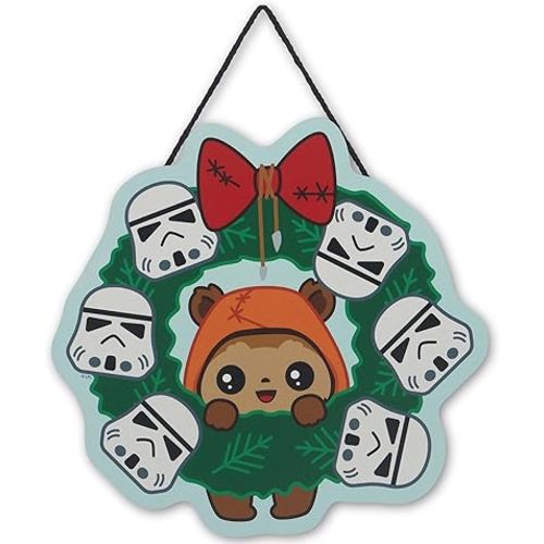 Disney Star Wars Ewok and Stormtroopers Wreath Christmas Hanging Wood Wall Decor - Fun Star Wars Holiday Decoration for Home
