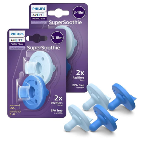 Philips Avent Soothie Orthodontic Baby Pacifiers, 100% Silicone Pacifiers, One Piece, BPA-Free, for Babies 3-18 Months, 2 Sky Blue and 2 Light Blue, 4 Pack, Model SCF192/71