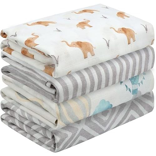 Featherhead™ 4-Pack 100% Cotton Muslin Swaddle Blankets for Baby Girl - Large 47”x 47” - Pre-Washed, Soft, & Breathable - Newborn Essential & Perfect Baby Registry Gift (4 Pack - Elephant)