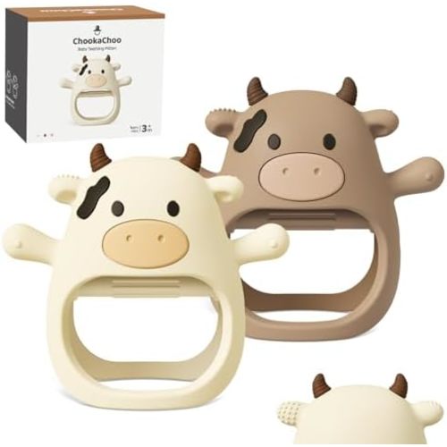 2 Pack Baby Teething Toy for Over 3 Months, Food Grade Silicone Teething Mitten, Anti Dropping Wrist Hand Teethers Baby Chew Toys for Sucking Needs, BPA Free (MooMoo Cow)