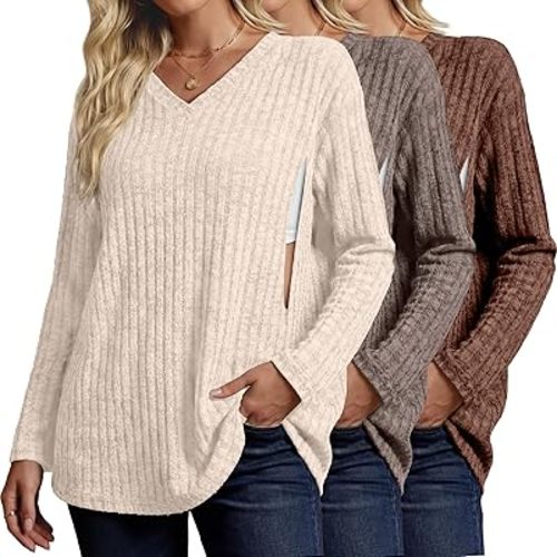 3 Pack Oversized Women's Maternity Nursing Tops Vneck Breastfeeding Sweaters Long Sleeve Hidden Zipper Shirt