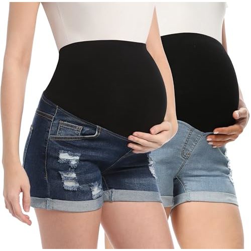 CFRTMTBB Maternity Denim Shorts High Waist Distressed Cuffed Hem Stretchy Comfy Jeans Short Pants Casual Pregnancy Shorts