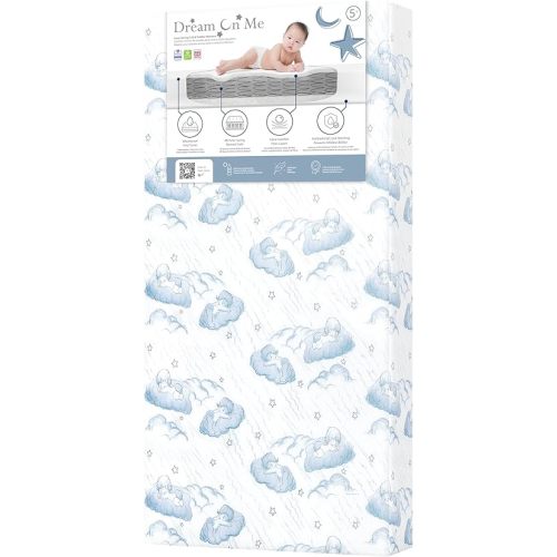 Dream On Me Nap Nest Crib and Toddler Mattress, Dual-Sided - Infants & Toddlers, Waterproof 5” Mattress with 88 Interwoven Coils, 75% Recycled Fiber, GREENGUARD Gold & BSA Certified – Blue Cloud