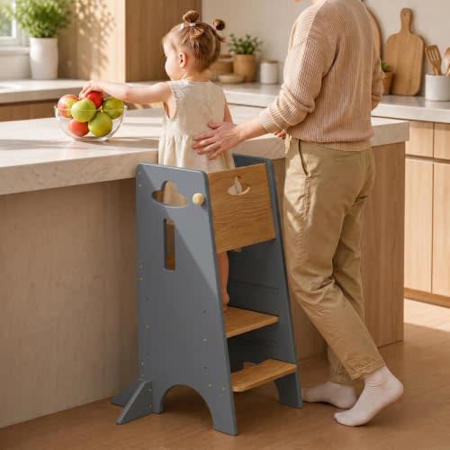 COSYLAND Adjustable Toddler Standing Tower Stable Toddler Step Stool | 4 Stabilizing Blocks - 3 Levels Height Adjustable Kids Kitchen Stool Helper (Natural & Light Gray)