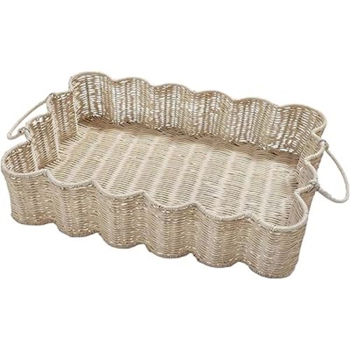 Scalloped Edge Rattan Tray Basket,17"*12"*4" Super Hard Rectangle Hand Woven Wicker Serving Tray with Handles, Seagrass Decoratve Tray for Coffee Table (Rattan-Off White-17 * 12 * 4")