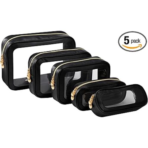 5PCS Diaper Bag Organizer Pouch Set，Clear Organizer Bags,TSA Approved Toiletry Bag,Clear Waterproof Cosmetic Bags with Zipper,Purse Organizer Pouches,Travel Organizer Bags for Woman and Kids,Black