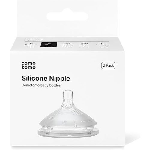 Comotomo Silicone Replacement Nipples for Baby Bottle Gen 2 (2026 Release) - Soft, Silicone Nipples with Dual Anti-Colic Vents Designed for Natural Latch (Pack of 2), Slow Flow (0-3 Months)