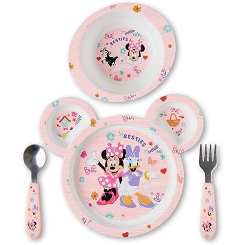The First Years Disney Minnie Mouse Kids Dinnerware Set - Includes Toddler Plate, Bowl, Fork, and Spoon - Baby Led Weaning Supplies - 4 Count- Ages 9 Months and Up
