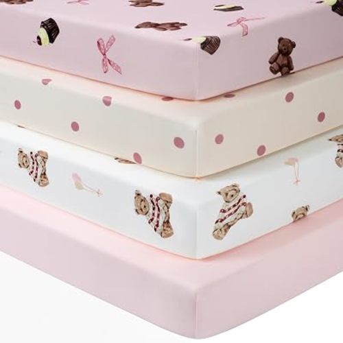 Baby Crib Sheets Girl, Toddler Bed Sheets Fitted for 52”x28”Standard Crib and Toddler Mattresses, 4 Pack Soft Breathable Stretchy Sweet Bear Dreams
