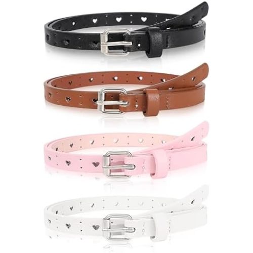 Kajeer Kids Belt for Girls,4 Pcs Durable PU Leather Belt Metal Buckle Heart Circle Hole Youth Toddler Belt for Uniform Casual