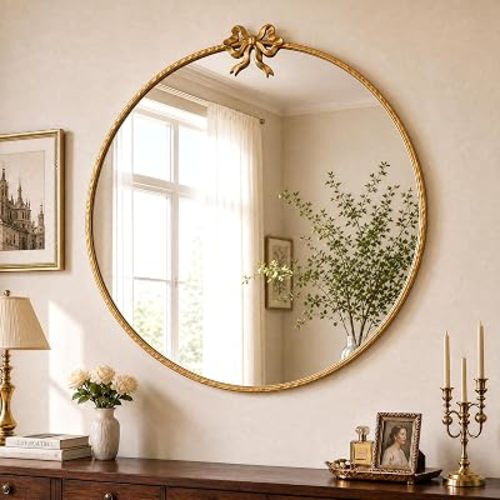 32 Inch Gold Circle Mirror, Bow Round Wall Mirror Vintage Gold Decor