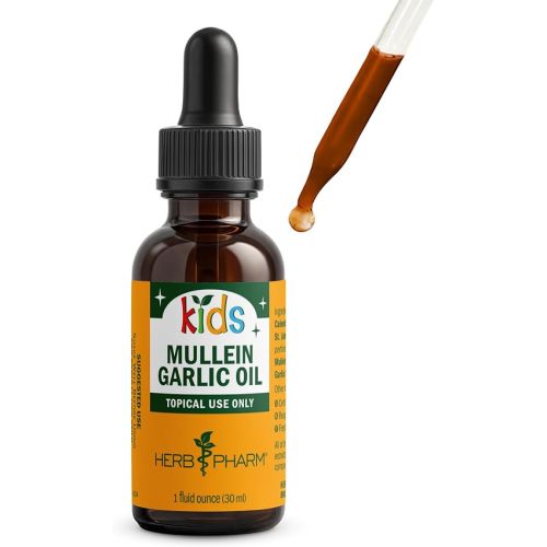 Herb Pharm Kids Mullein Garlic Ear Oil: Alcohol-Free Herbal Ally for Kids, Made with Certified Organic Mullein, Certified Organic Garlic, & USDA Organic Calendula, Topical Use Only, for Children, 1 oz