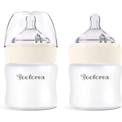 Yooforea Silicone Coated Glass Baby Bottle, 0M+ Slow Flow Nipple I Anti-Colic, Wide Neck, Stable Base I Medical-Grade Silicone Coating for Shatter Protection, BPA BPS PVC Free (2 Pack, 3 Ounce-Cream)
