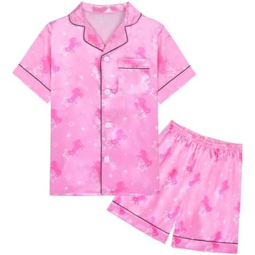 Girls Pajamas Satin Short Sleeve Button Down Silky Pjs Girls' Sleepwear Set for Toddler Kids 3T-10Y
