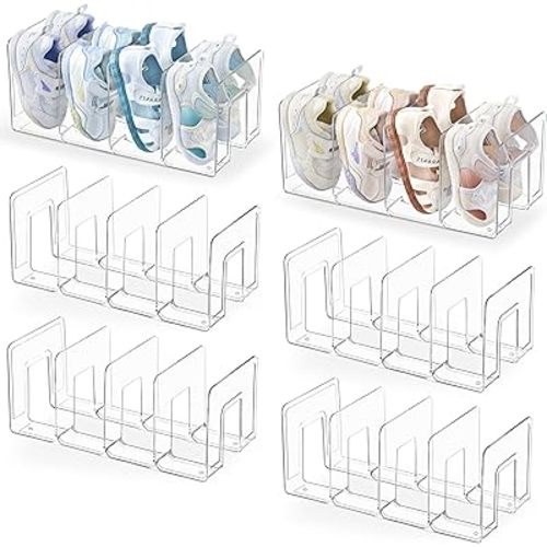 HBlife Clear Acrylic Kids Shoe Rack for Closet, 6 Pack, 4 Sections, Stackable, Crystal Clear, 4 Pairs Capacity