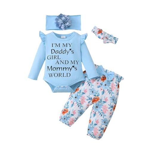 SUNNY PIGGY Newborn Baby Girl Clothes 4Pcs Cute Infant Fall Winter Outfits | 0-18 Months,Toddler Girl Clothing Set,Cute Ruffle Long Sleeve Romper,Casual Floral Pants with Bow Headband,Newborn Essentials