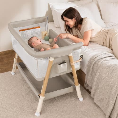 3-in-1 Baby Bassinet Bedside Sleeper Baby Crib for Newborn to 12 Months | Reinforced Wheeled Legs, Extra Large Sleeping Area, Anti-Reflux, 5 Adjustable Heights,Breathable Mesh &Washable Mattress