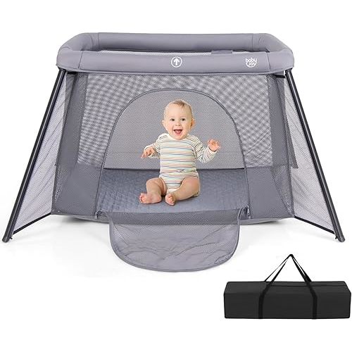 BABY JOY 2 in 1 Travel Crib, Portable Baby Playpen with Soft Washable Mattress, Foldable Pack and Play Lightweight Installation-Free Home Playard with Carry Bag, for Infants & Toddlers Indoor Outdoor