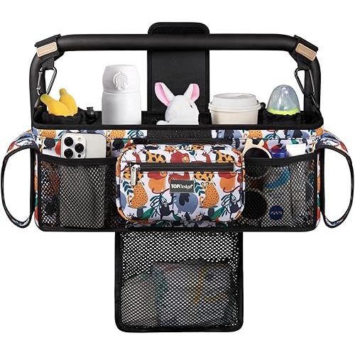 TOPDesign Universal Baby Stroller Organizer, Double Stroller Caddy with Detachable Mesh Bag & Heightened Insulated Cup Holders & Non-Slip Secure Hooks Accessories, Fits Most Strollers (Zoo)